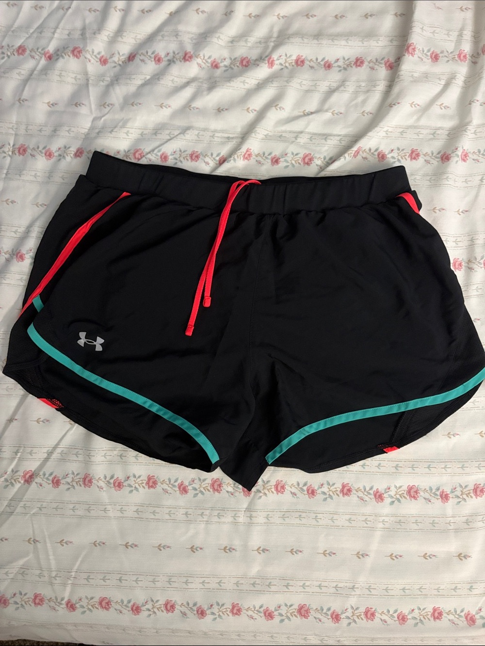 Under Armour Black Athletic Shorts with Teal Trim and Pink Drawstring